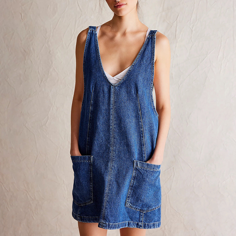 Women’s Casual Dress – Relaxed Fit A-Line – Cotton Blend – Sleeveless V-Neck – Patch Pockets