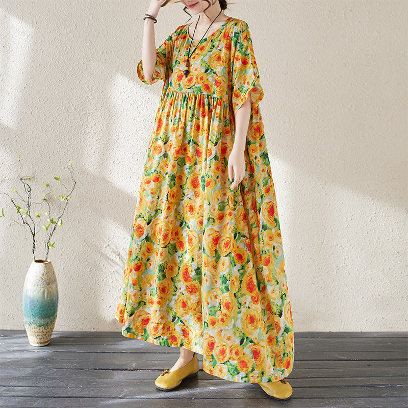 Women's Maxi Dress – Floral Print – Loose Fit – 3/4 Sleeves – Lightweight and Breathable
