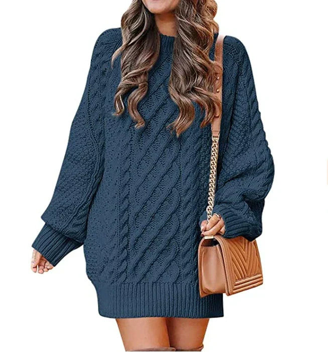 Women’s Sweater Dress – Wool Blend – Cable Knit – Oversized Fit – Mid-Length – Long Sleeve