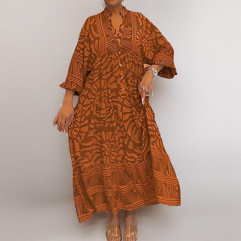 Women's Midi Dress – Loose Fit – Light Fabric – Button Closure – Rolled Sleeves – Print