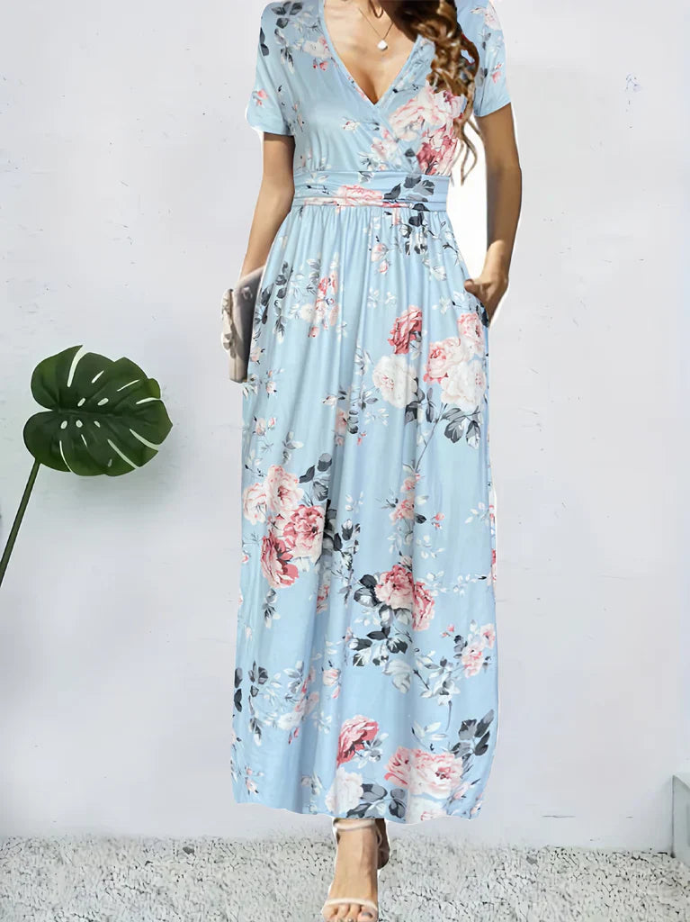 Women’s Maxi Dress – Wrap A-Line Fit – Floral Print – Short Sleeve