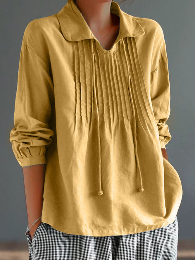 Women's Shirt with Long Sleeves – Relaxed Fit – Cotton Linen – Pleated Front