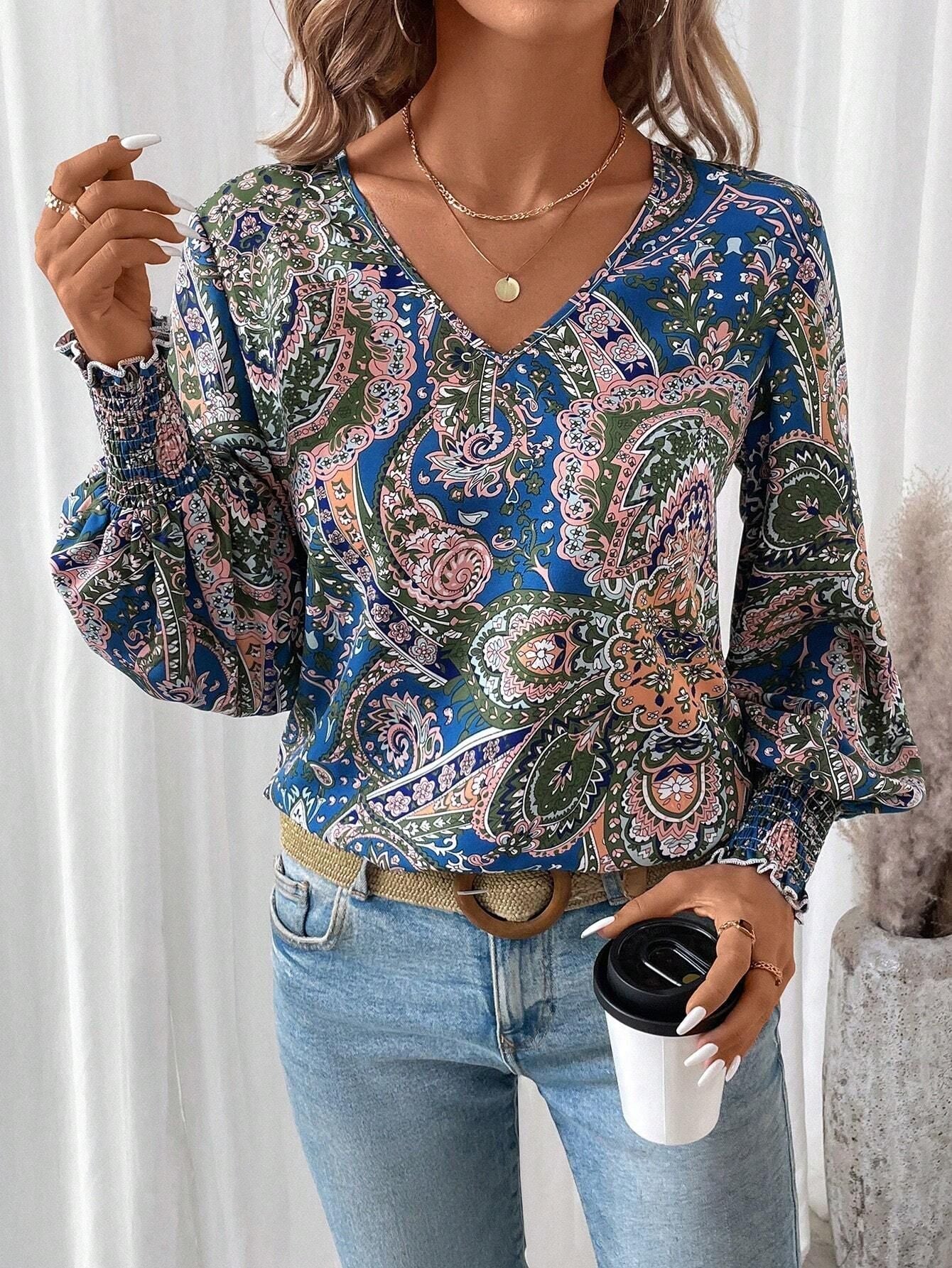 Printed Floral Blouse For Women With V Neck And Lantern Sleeves Comfortable Versatile Shirt