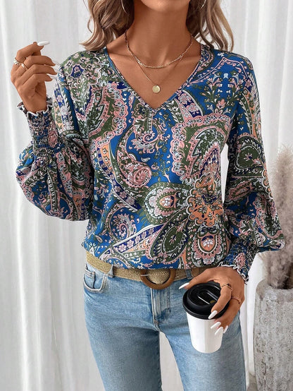 Printed Floral Blouse For Women With V Neck And Lantern Sleeves Comfortable Versatile Shirt