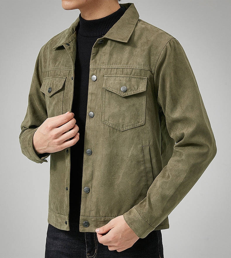 Men's Suede Style Jacket With Front Button Closure Chest Pocket Detail Relaxed Slim Fit Casual Outerwear