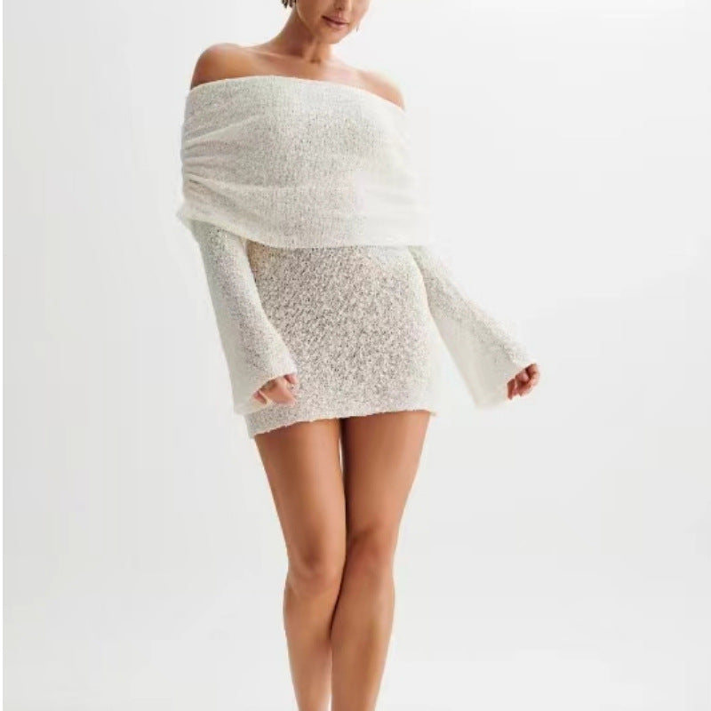 Women's Beach Dress – Off Shoulder – Slim Fit – Light Knit – Long Sleeved – Semi Transparent