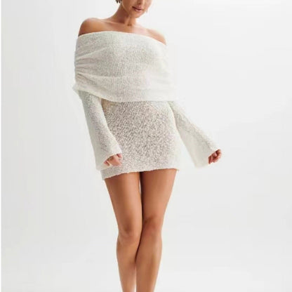Women's Beach Dress – Off Shoulder – Slim Fit – Light Knit – Long Sleeved – Semi Transparent