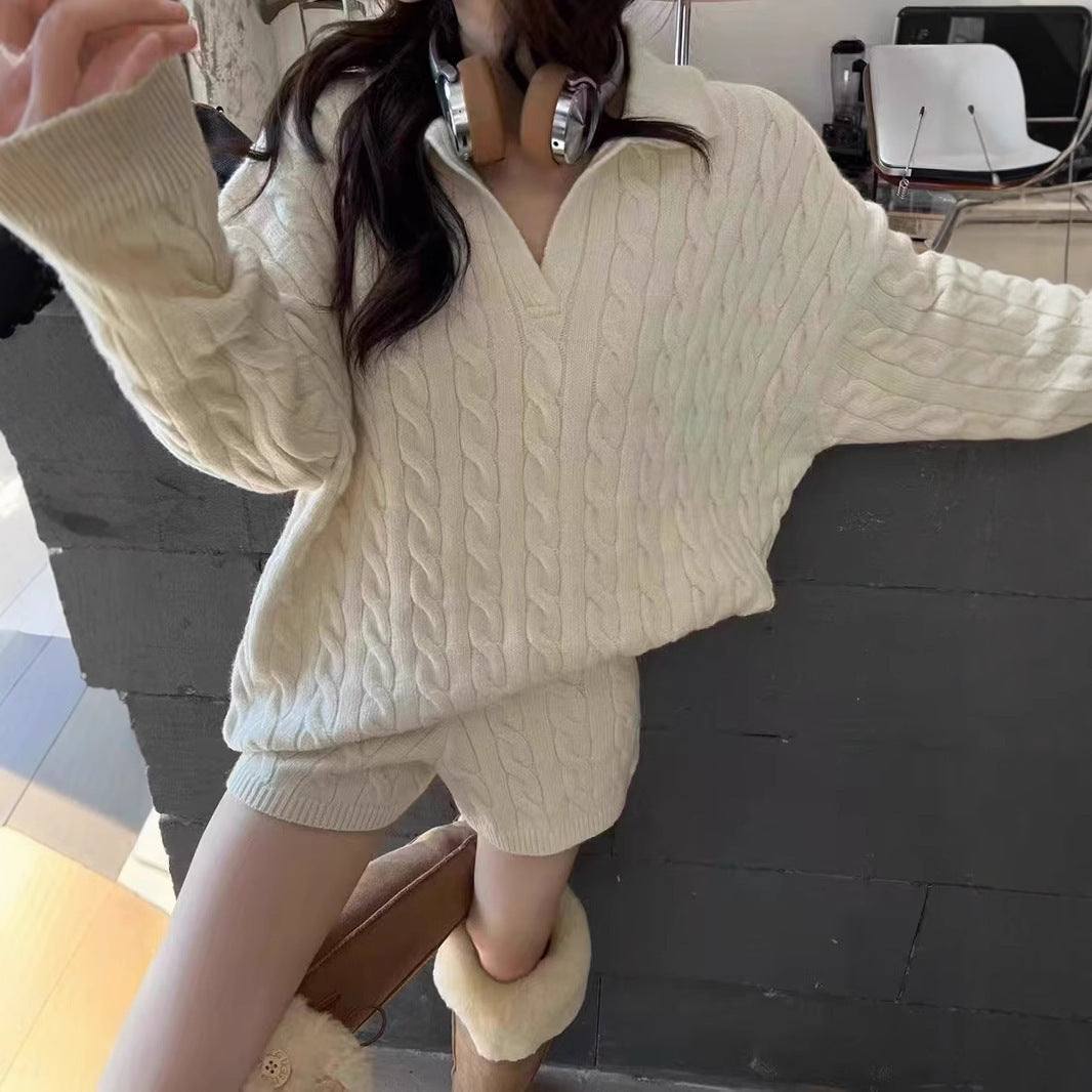 Women’s Two-Piece Set Knit Pullover – Wool Blend – Cable Knit – High Collar – Relaxed Fit – Long Sleeve