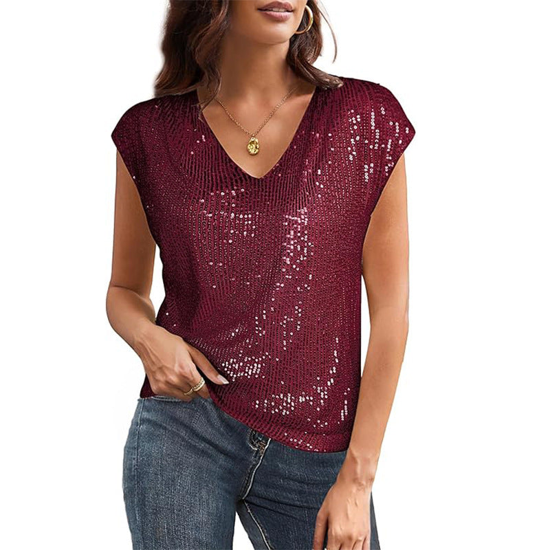 Women's Sparkly V-Neck Top – Short Sleeve – Elegant Fit – Metallic Shine