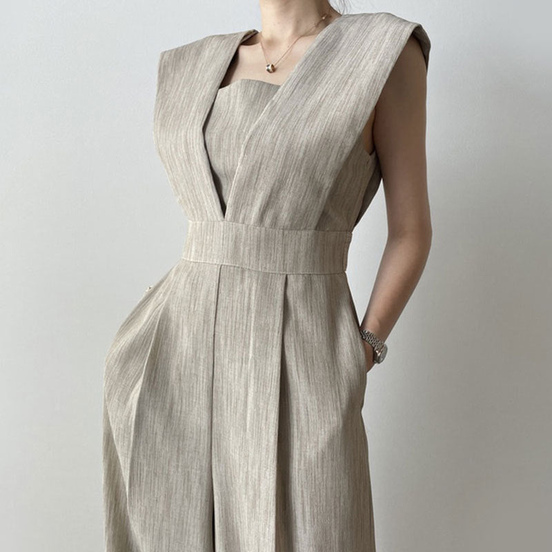 Women's Jumpsuit – Sleeveless – Square Neckline – High Waist – Wide Leg – Full Length