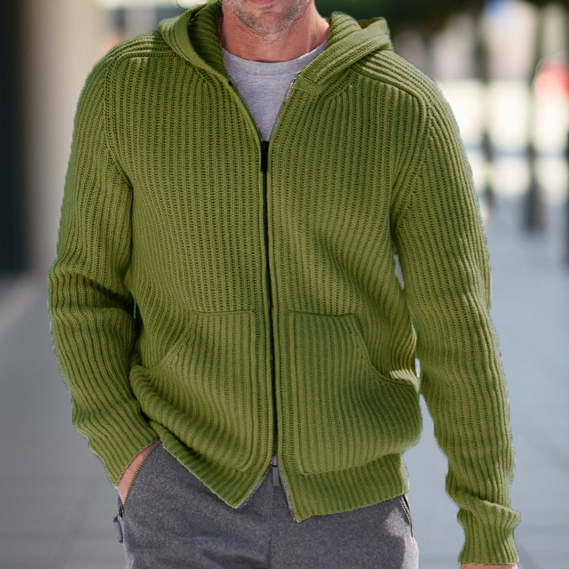 Men's Hooded Knit Cardigan With Relaxed Fit And Ribbed Texture For Casual Layering Long Sleeve