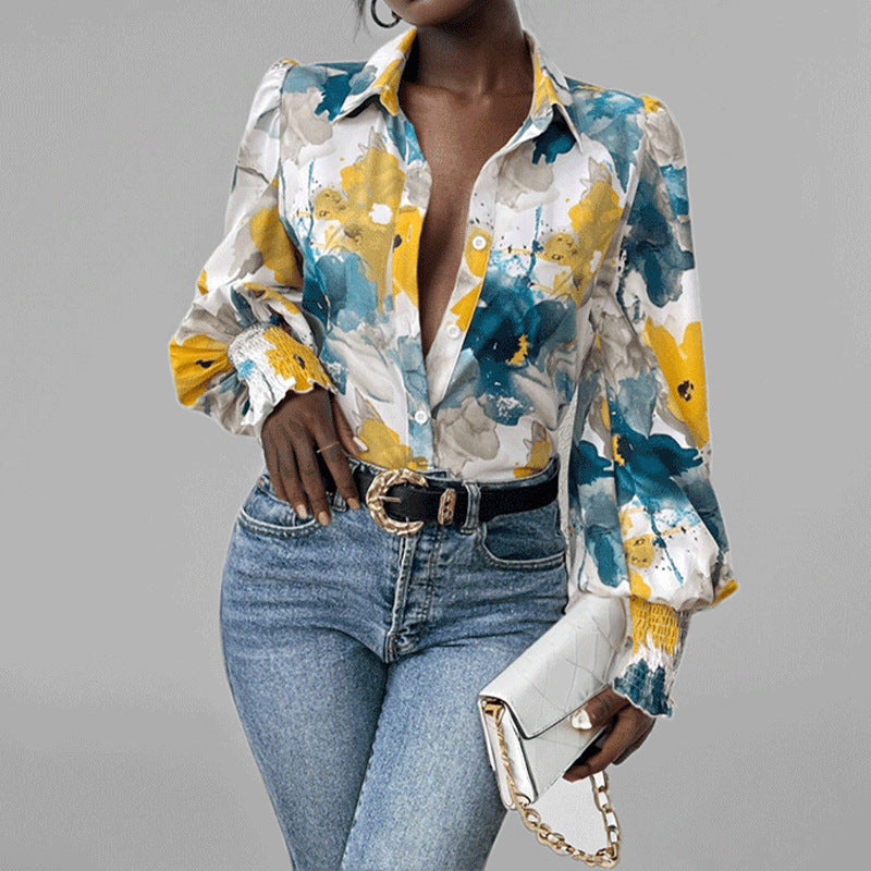 Women's Shirt – Oversize Fit – Floral Print – Puff Sleeves – Smock Cuffs