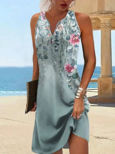 Women’s Dress – V-Neck – Sleeveless – Floral Detail – Asymmetrical Hem – Cotton Blend