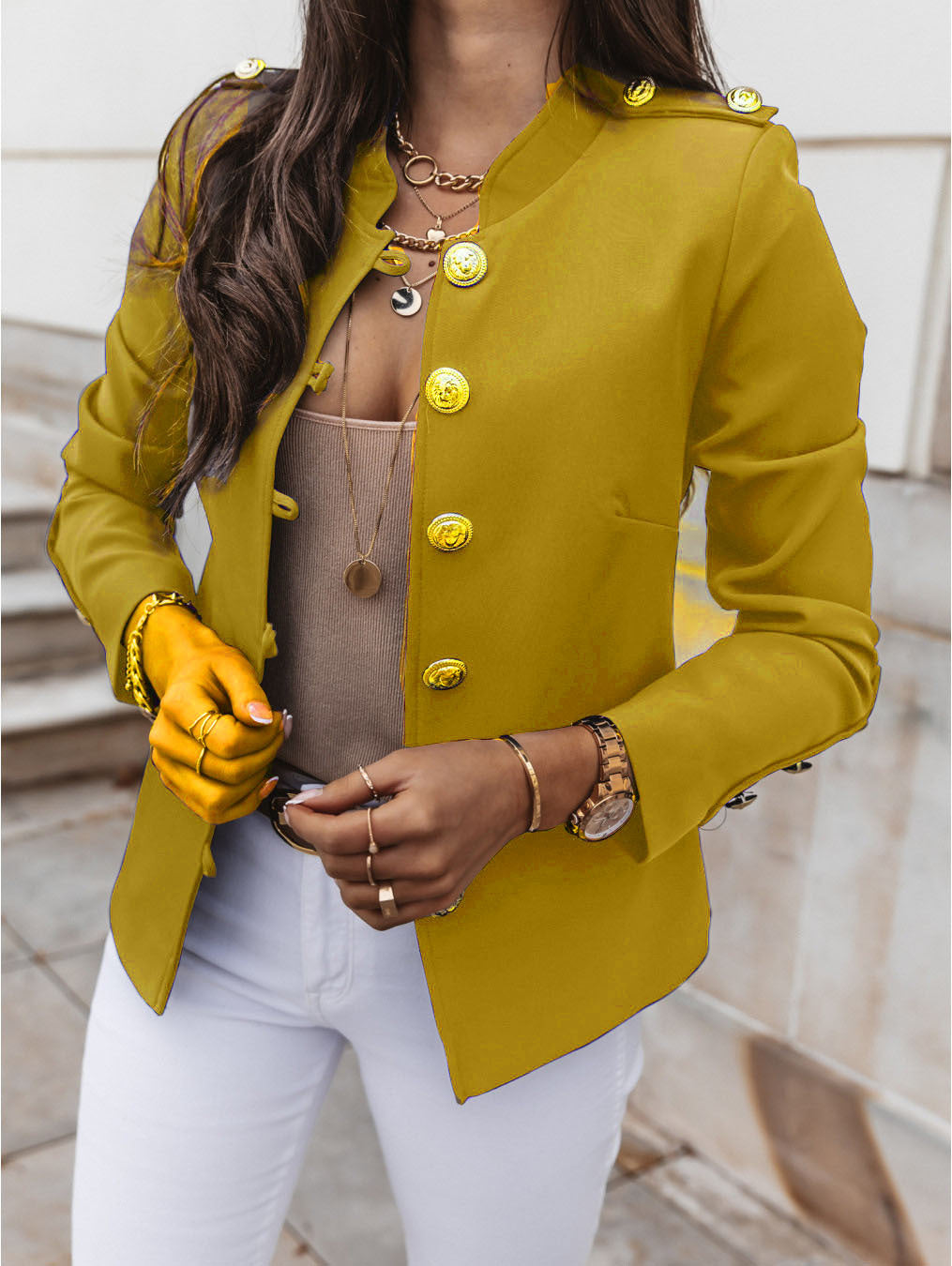 Women’s Blazer – Slim Fit – Mandarin Collar – Metallic Button Detail – Short Length