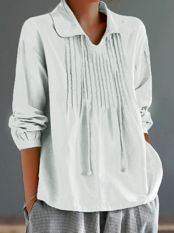 Women's Shirt with Long Sleeves – Relaxed Fit – Cotton Linen – Pleated Front