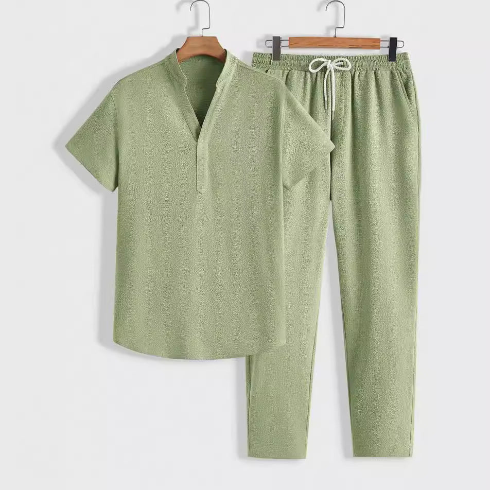 Mens Training Set Short Sleeve Top With V Neck Drawstring Pants Relaxed Fit Lounge Wear