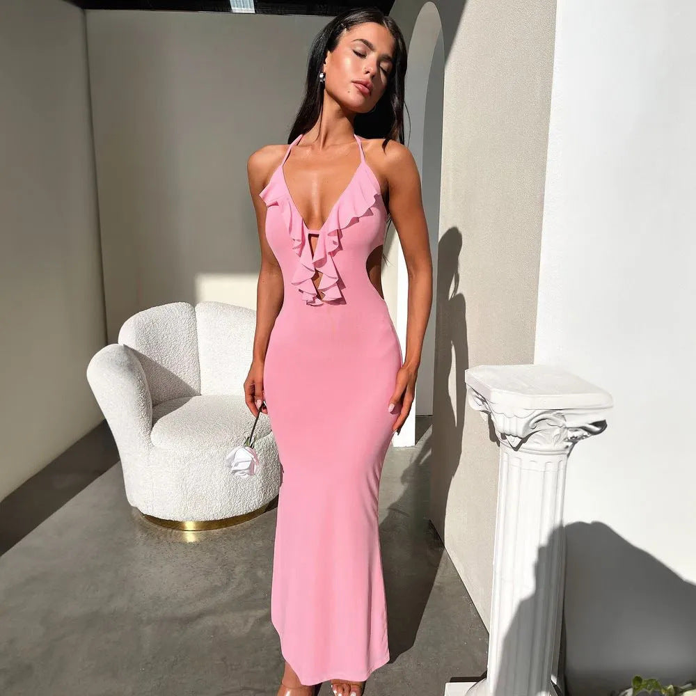Women's Maxi Dress – Slim Fit – Ruched Neckline – Front Slit – Adjustable Straps