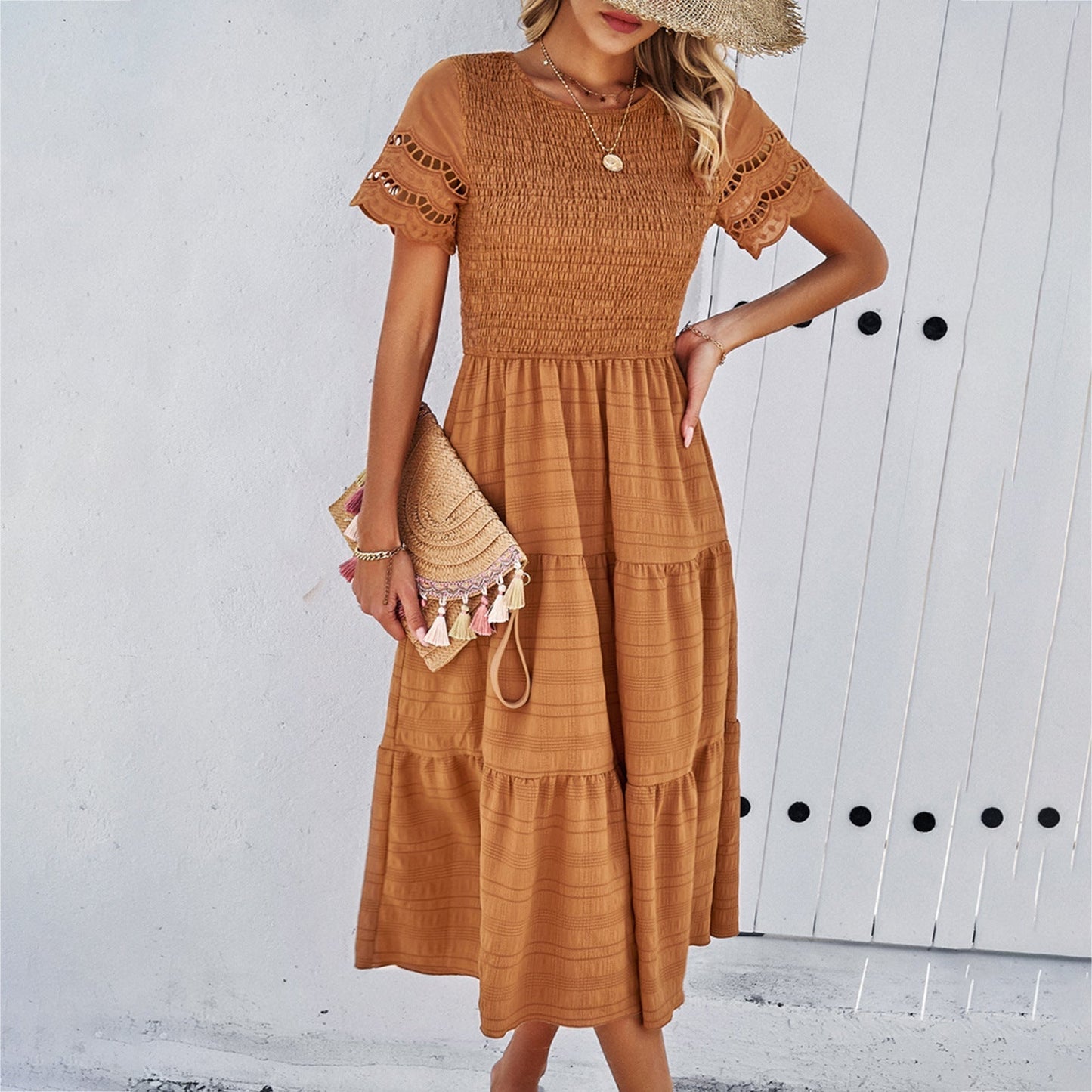 Women's Midi Dress – Smocked Bodice – Tiered Skirt – Cut-Out Short Sleeves – Loose Fit