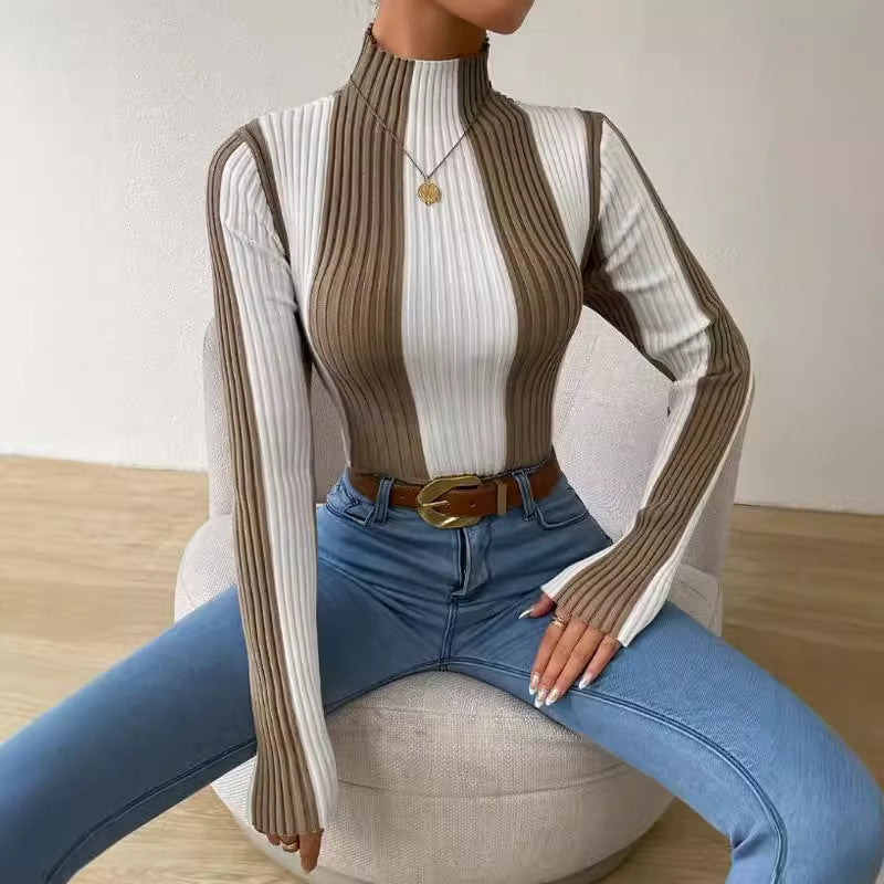 Women's Knit Sweater – Slim Fit – Ribbed Texture – Mock Neck – Long Sleeves