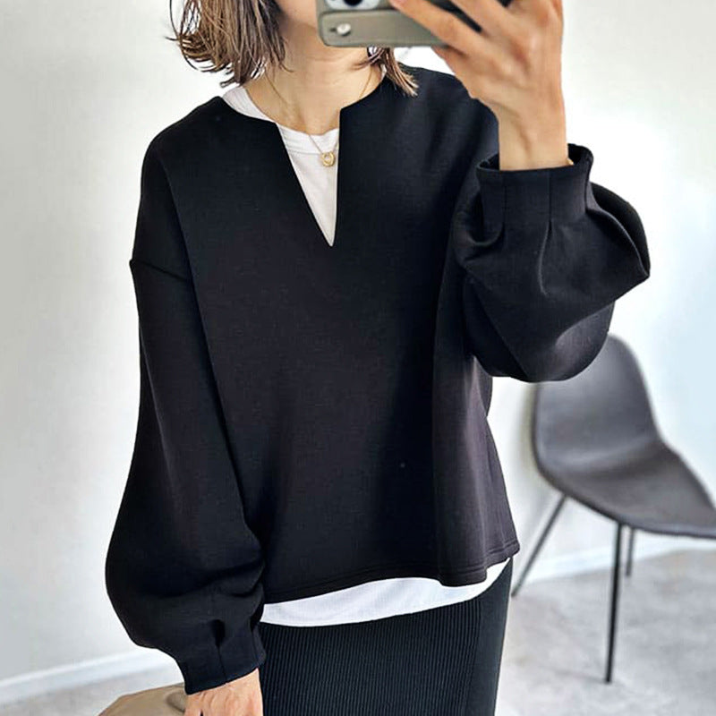 Women's Long-Sleeved Top – Oversized Fit – Airy Cotton Fabric – V-Neck