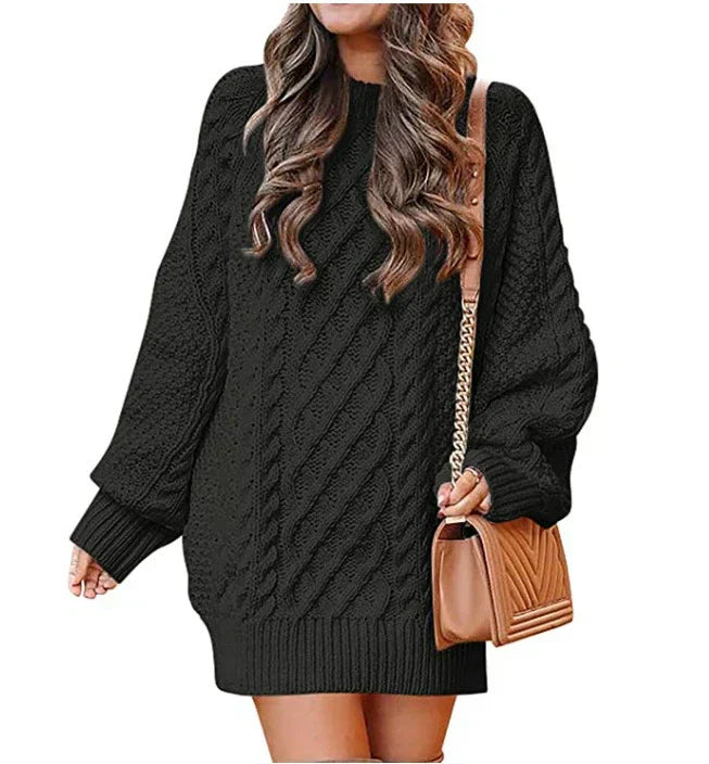 Women’s Sweater Dress – Wool Blend – Cable Knit – Oversized Fit – Mid-Length – Long Sleeve