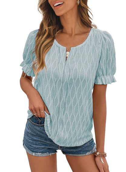 Jacquard Puff Sleeve Top For Women Trendy Loose Fit Comfortable Casual Everyday Wear