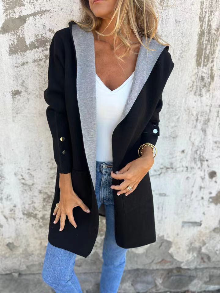 Women’s Hooded Cardigan – Soft Knit – Relaxed Fit – Contrast Trim – Button Cuffs – Long Length