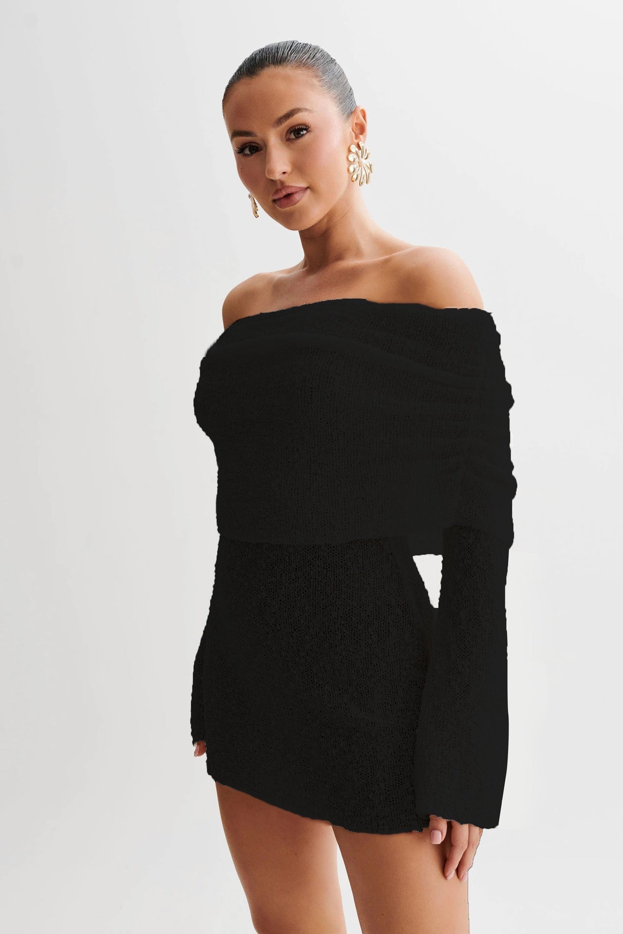 Women's Beach Dress – Off Shoulder – Slim Fit – Light Knit – Long Sleeved – Semi Transparent