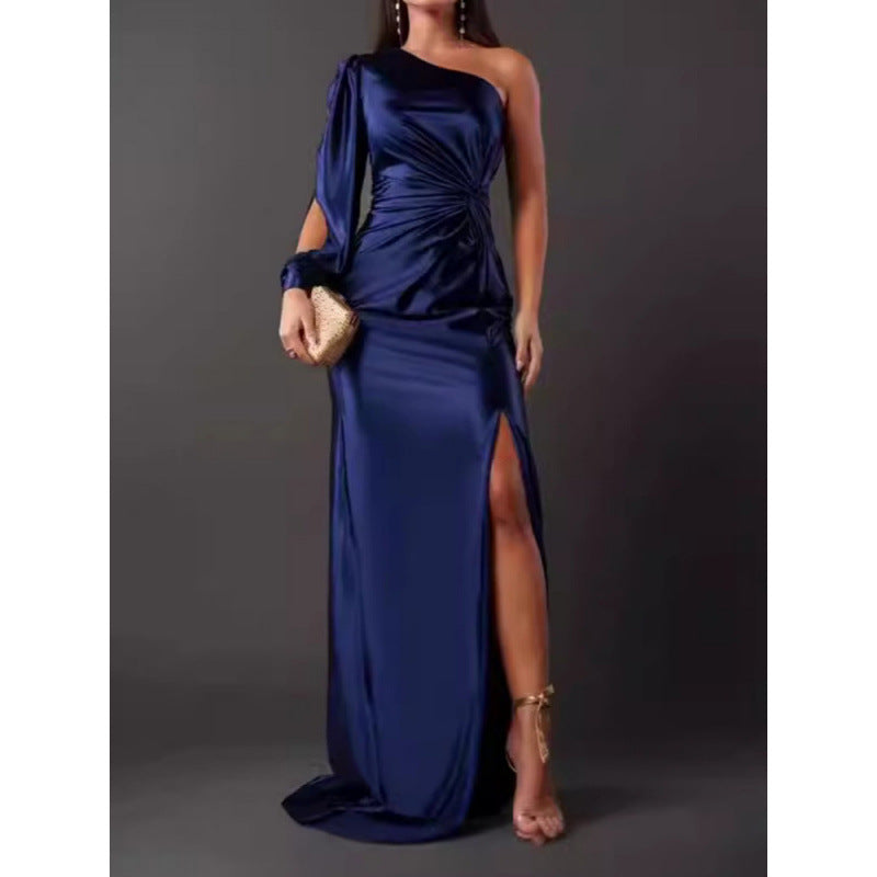 Dress for Women – Maxi Length – Single Shoulder – Satin – Slim Fit – High Slit