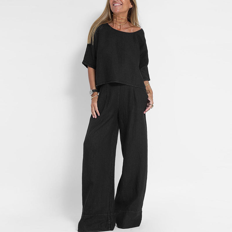 Women's Set – Linen Blend – Relaxed Fit – Short-Sleeved Top & Wide Pants