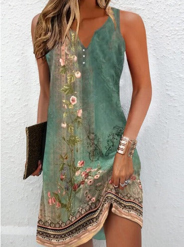 Women’s Dress – V-Neck – Sleeveless – Floral Detail – Asymmetrical Hem – Cotton Blend