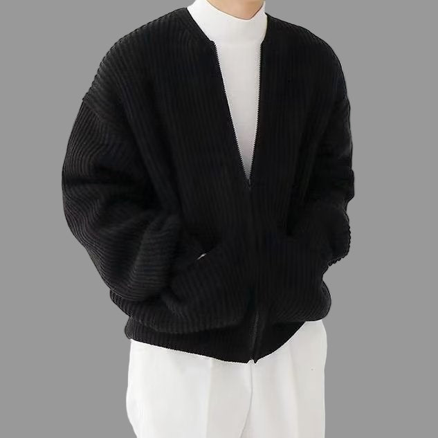 Men's Cotton Blend Cardigan Jacket With Band Collar Oversized Fit Full Zip Closure For Layering