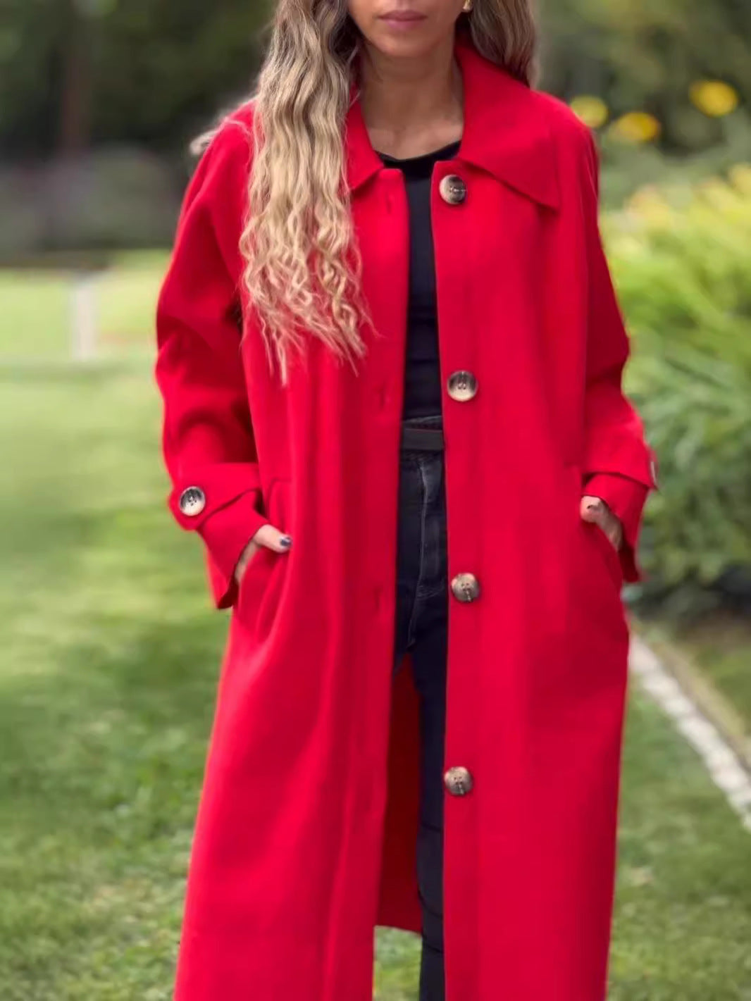 Women’s Long Coat – Wool Blend – Relaxed Fit – Button Front – Full Length – Classic Collar