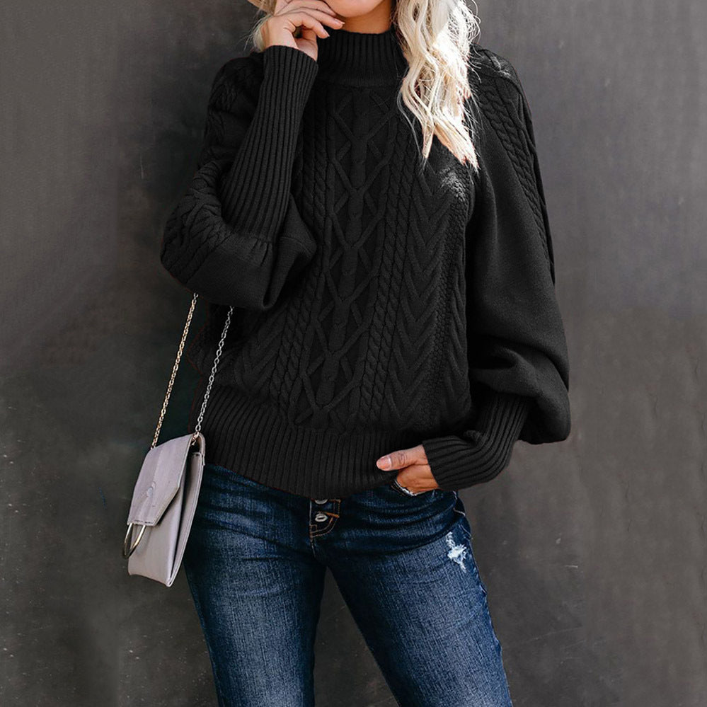 Chunky knit sweater for women with high collar and voluminous sleeves