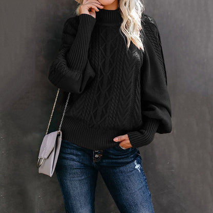 Chunky knit sweater for women with high collar and voluminous sleeves