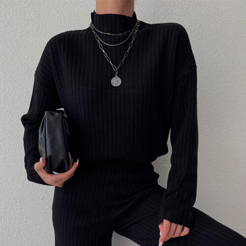 Women's Set – Ribbed Knit – Relaxed Fit – Long Sleeve – Wide Leg Pants