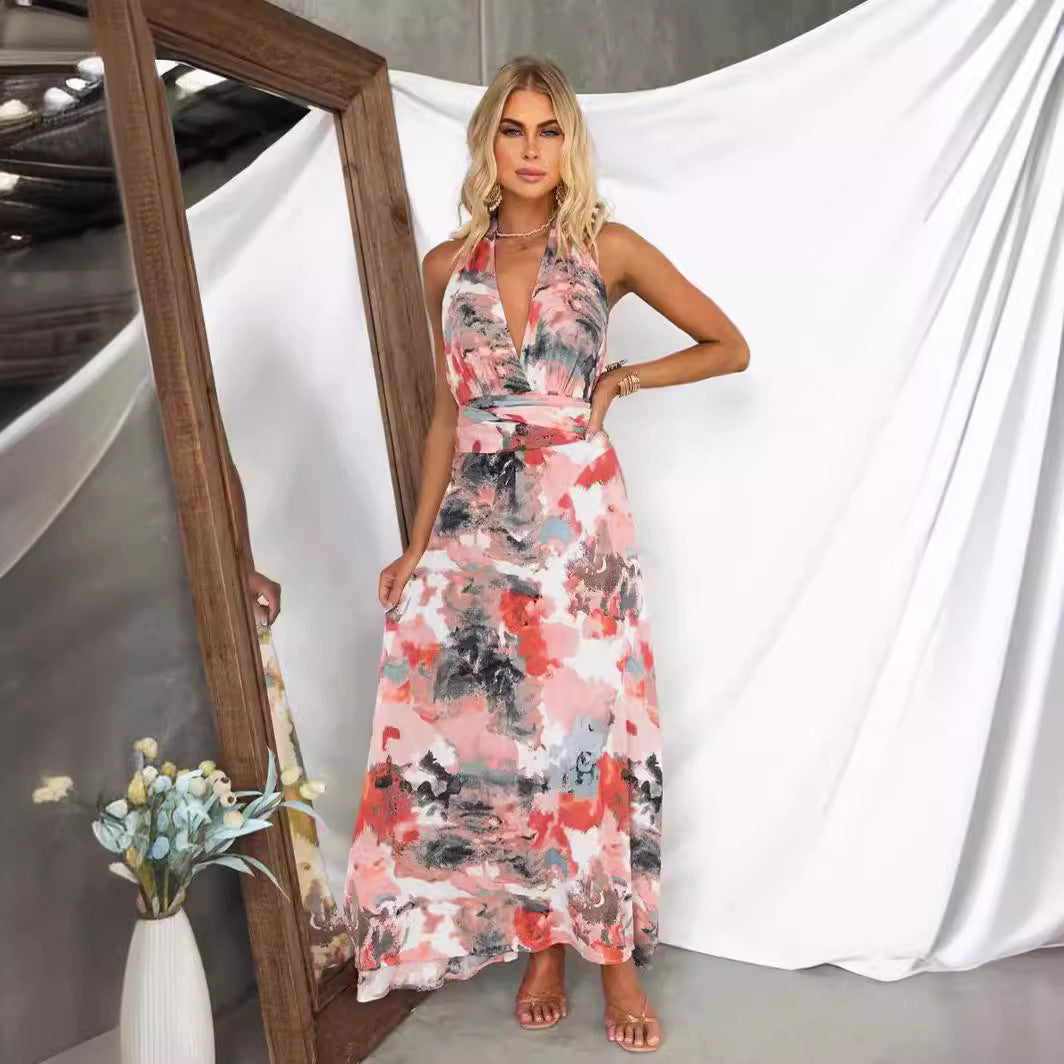 Women's A-line dress – V-neck – Tie back – Lightweight fabric – Artistic print