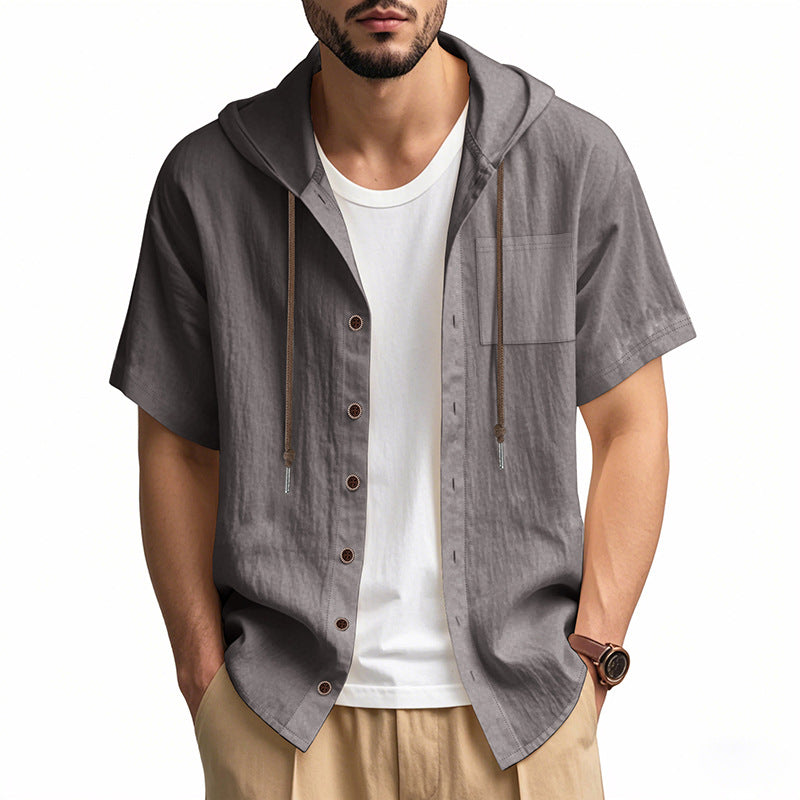 Men's Hooded Linen Blend Shirt With Short Sleeves Relaxed Fit Button Closure Perfect For Summer