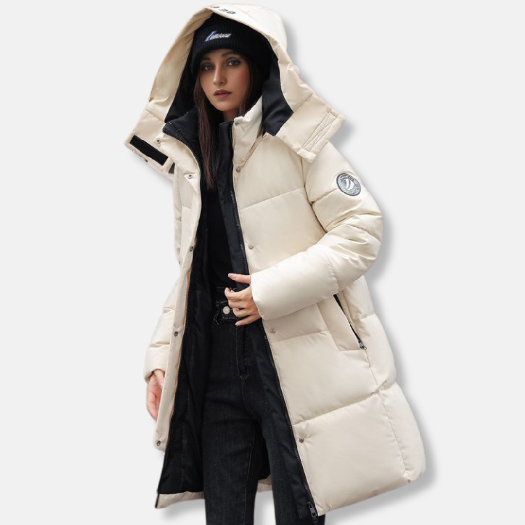 Women’s Puffer Coat - Mid-Thigh Length - High Collar with Hood