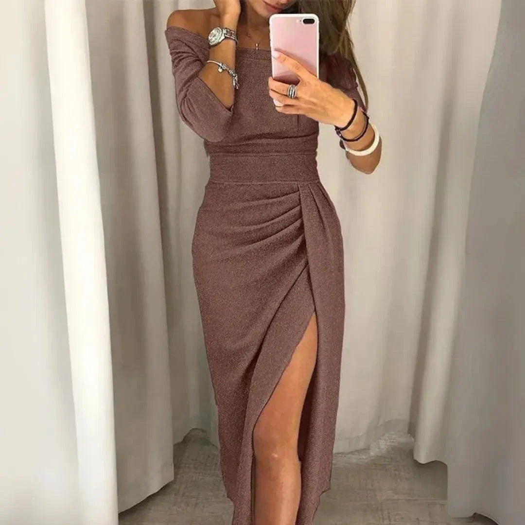 Olga Off-Shoulder Glitter Bodycon Ruched Slit Dress