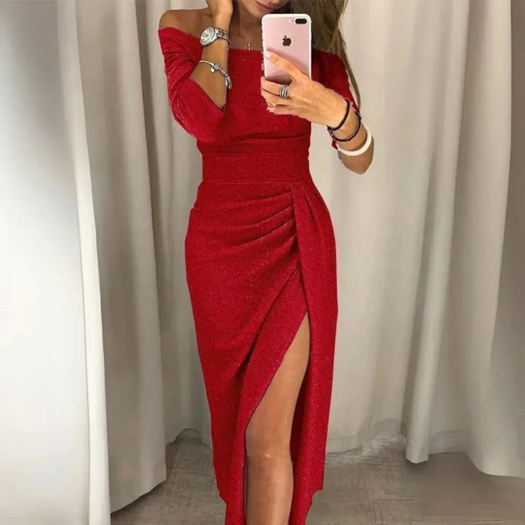 Olga Off-Shoulder Glitter Bodycon Ruched Slit Dress