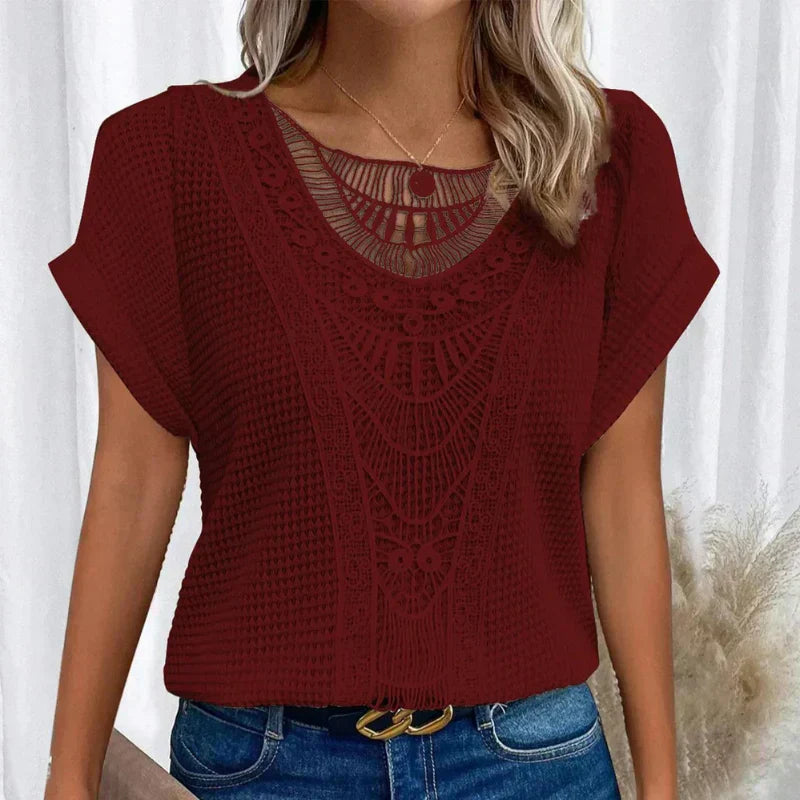 Women's Round Neck Top with Lace Trim and Soft Fabric