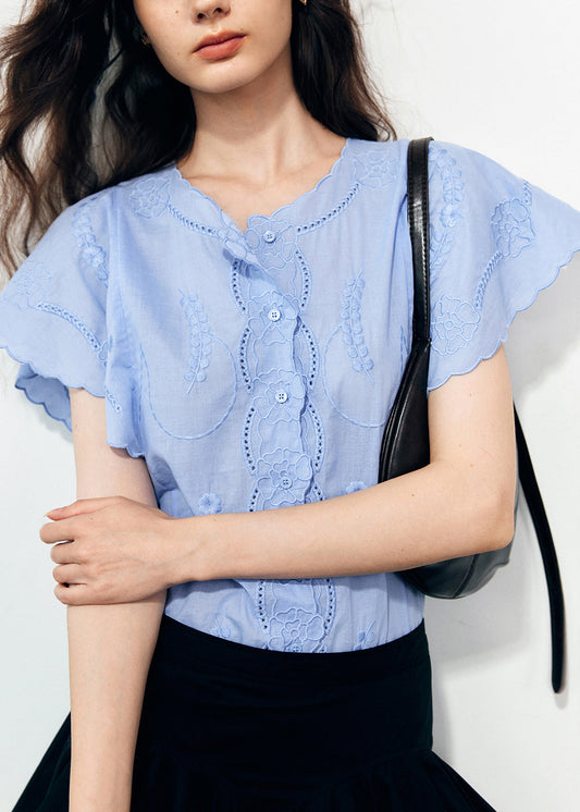 Chemises en coton bio bleu brodé à manches papillon - TrendAura
