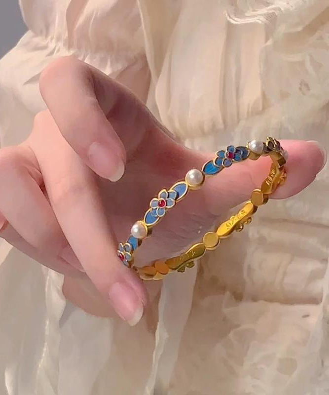 Bracelet original en perles d'or bleu antique et floral - TrendAura