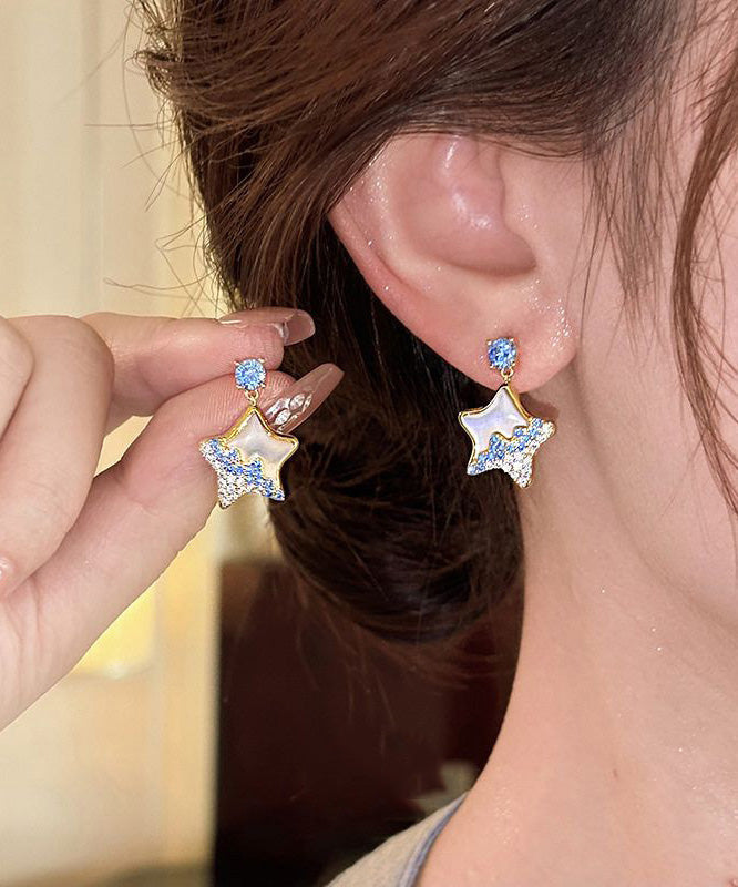 Boucles d'oreilles originales en alliage de cuivre bleu, zircon et résine en forme d'étoile - TrendAura