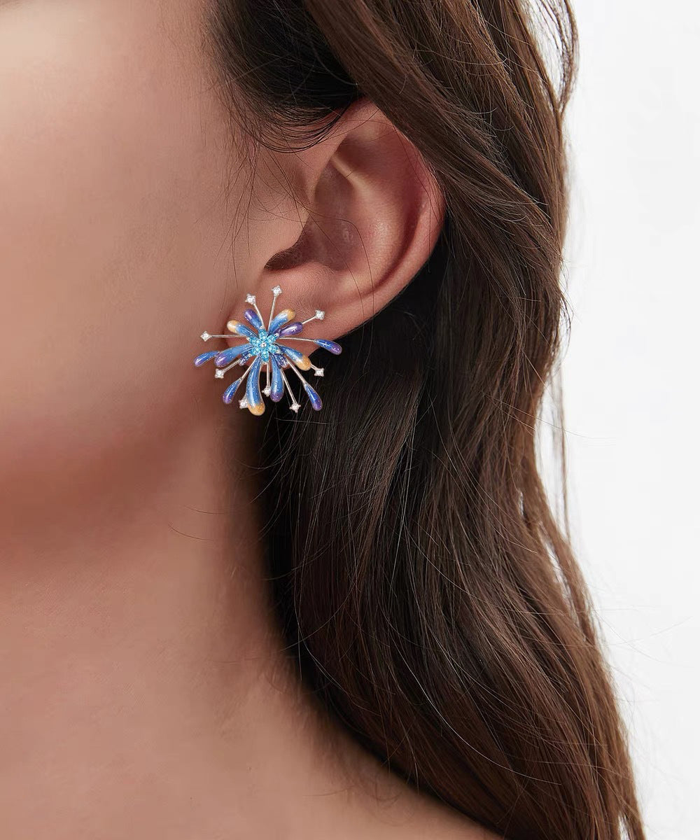Boucles d'oreilles à tige originales en argent sterling bleu et zircon en forme de feux d'artifice - TrendAura