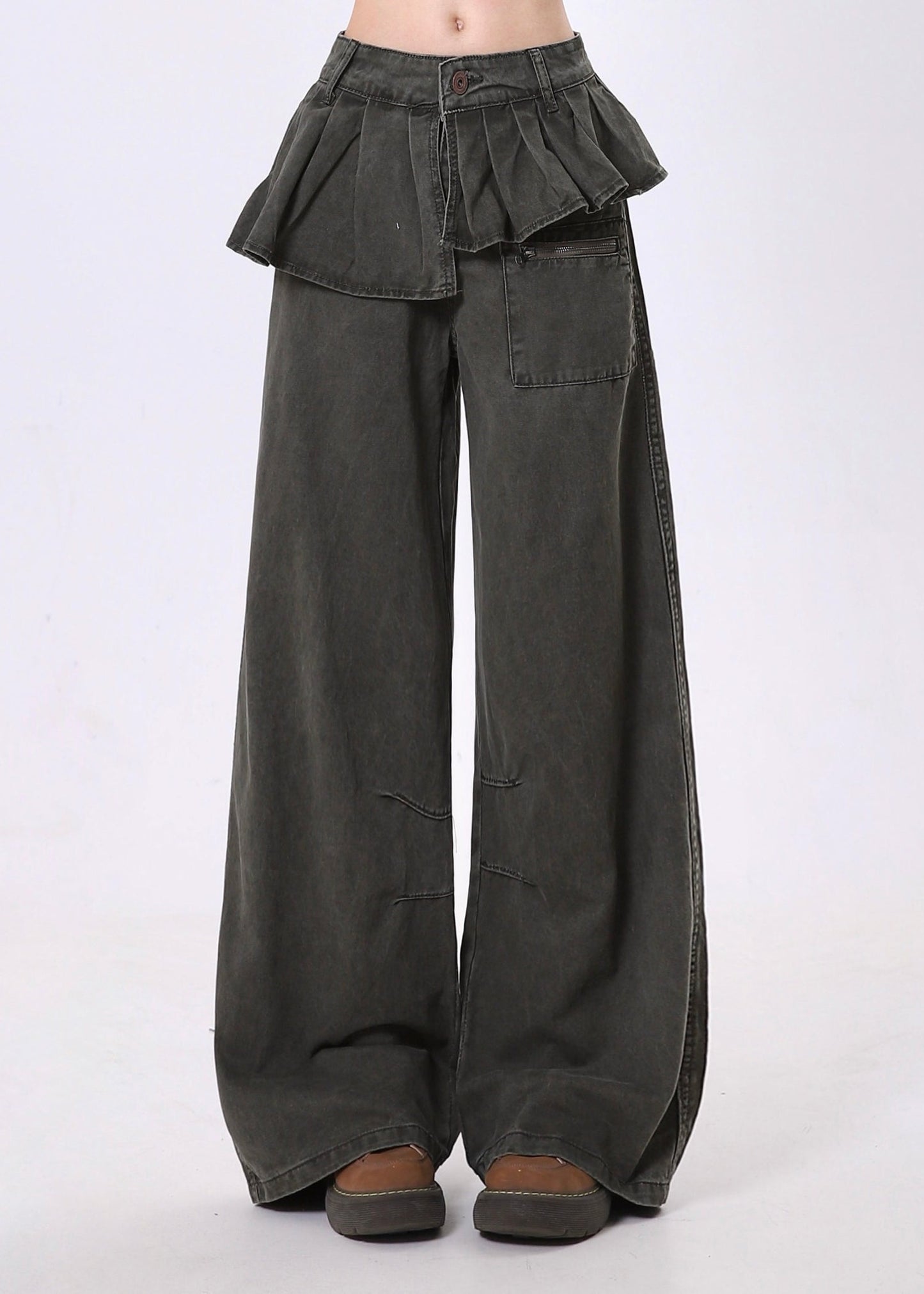 Pantalon large en denim patchwork asymétrique froissé au design original, printemps - TrendAura