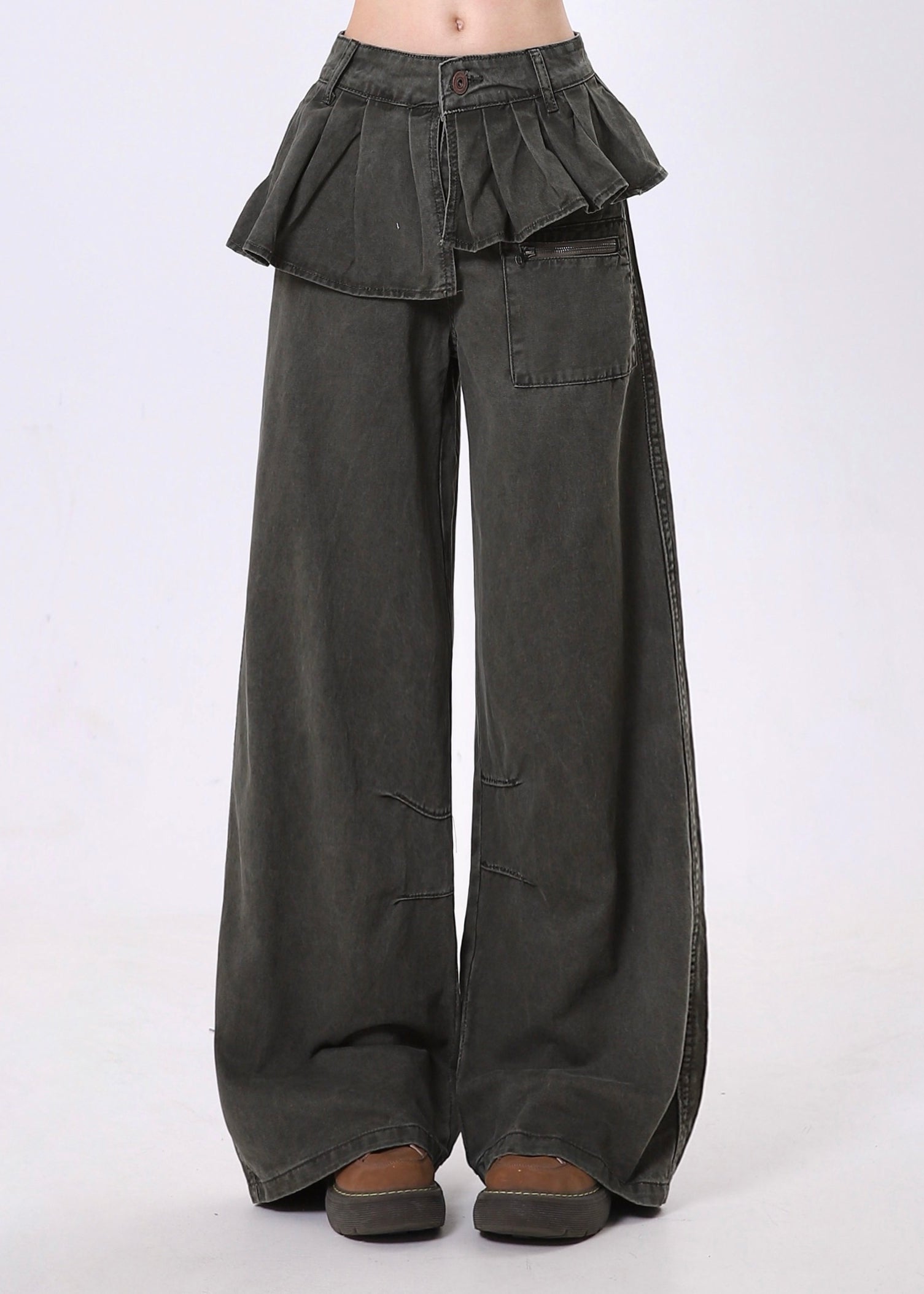Pantalon large en denim patchwork asymétrique froissé au design original, printemps - TrendAura