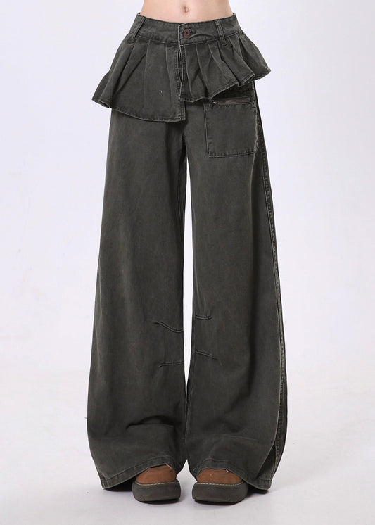 Pantalon large en denim patchwork asymétrique froissé au design original, printemps - TrendAura