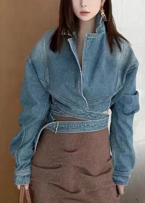 Manteau court en jean bleu patchwork original à manches chauve-souris - TrendAura